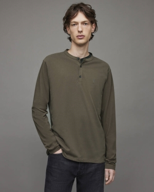 Camiseta Allsaints Brace Long Sleeve Brushed Algodon Henley Hombre Marrom | PX4386791