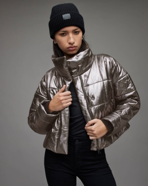 Chaquetas Allsaints Petra Metallic Cuero Puffer Mujer Grises | GM7132098