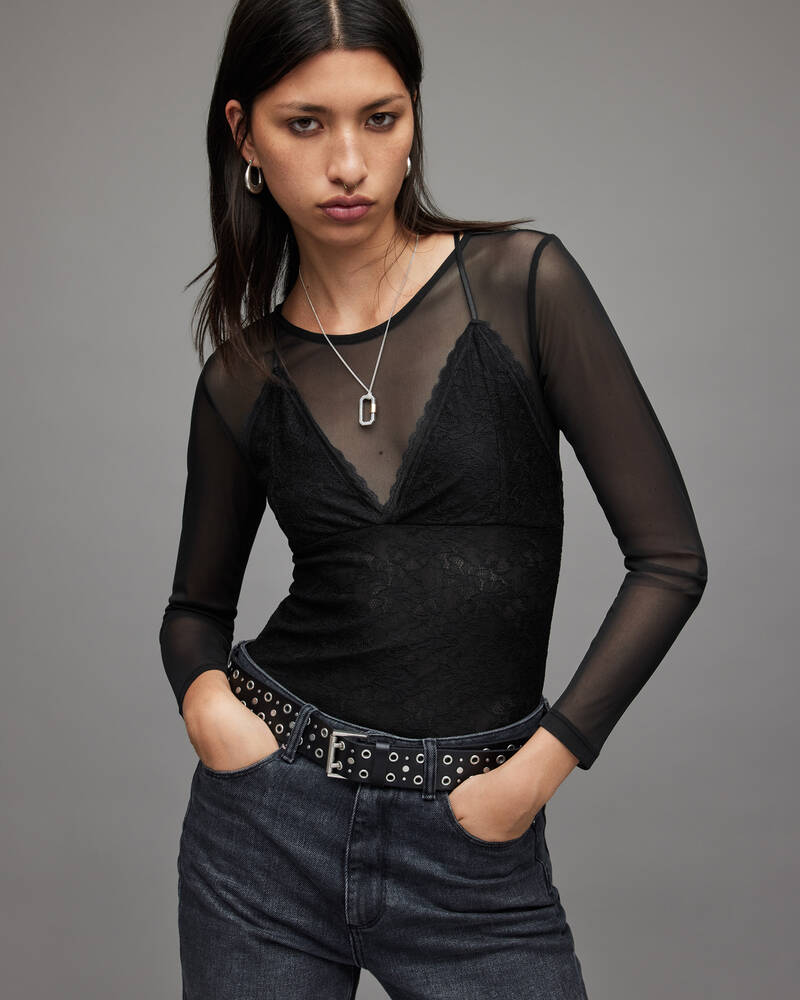 Camisas Allsaints Nyla Encaje Bodysuit Mujer Negros | VP7569123