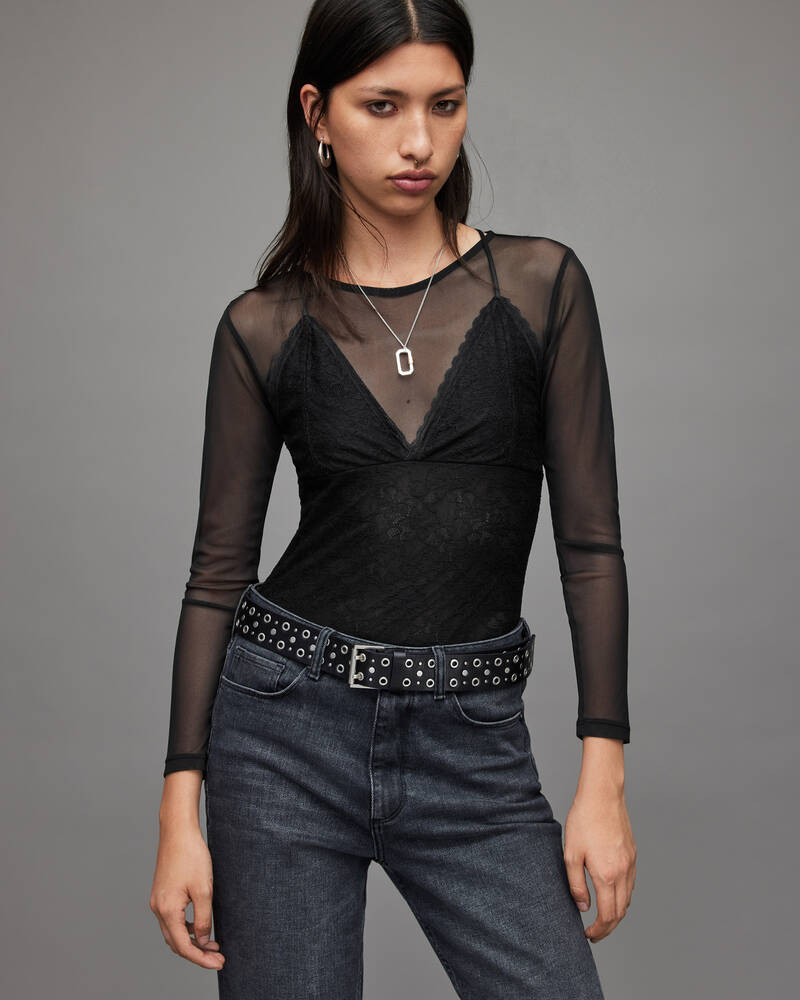 Camisas Allsaints Nyla Encaje Bodysuit Mujer Negros | VP7569123