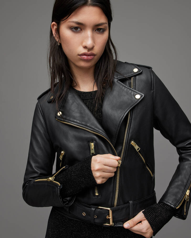 Chaquetas Allsaints Balfern Gold Cuero Ciclismo Mujer Negros Dorados | LU1528304