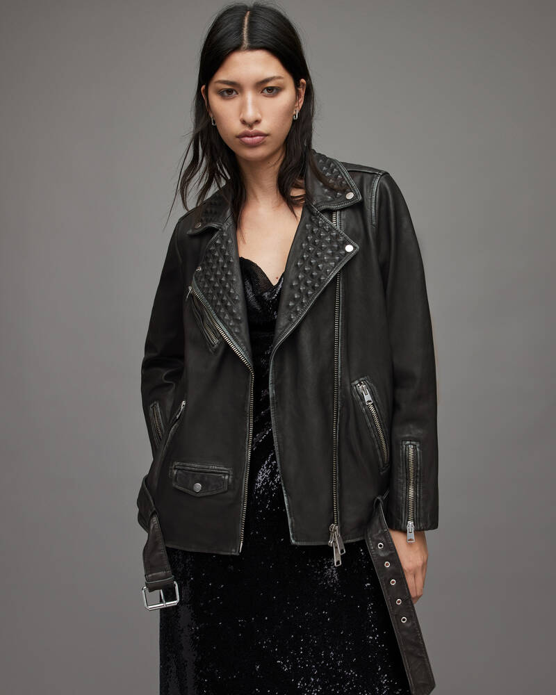 Chaquetas Allsaints Billie Cuero Studded Ciclismo Mujer Negros | NB4109673