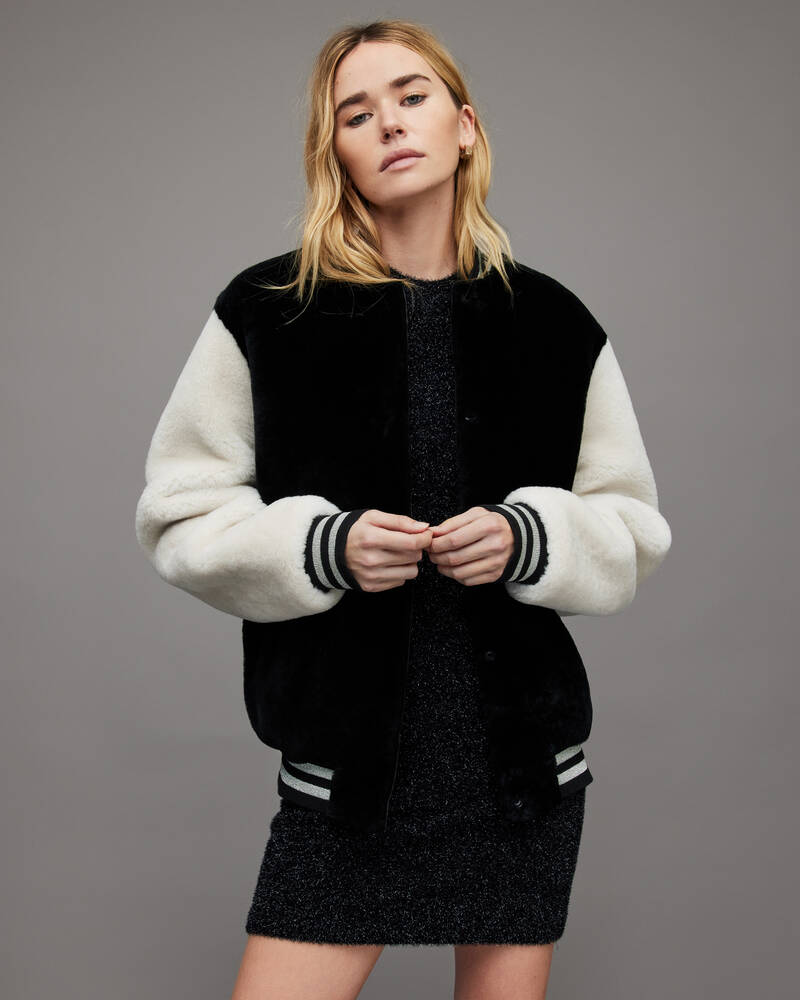 Chaquetas Allsaints Dinah Shearling Baseball Mujer Negros Blancos | ZX0739416