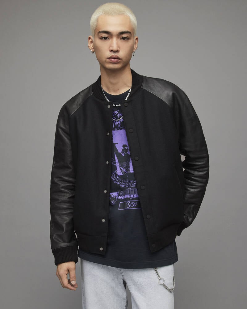 Chaquetas Allsaints Manta Cuero Sleeved Bomber Hombre Negros | XQ2305786