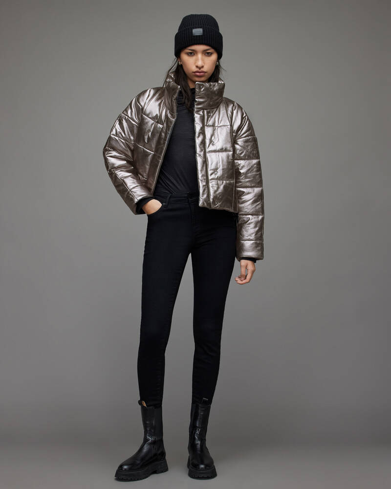 Chaquetas Allsaints Petra Metallic Cuero Puffer Mujer Grises | GM7132098