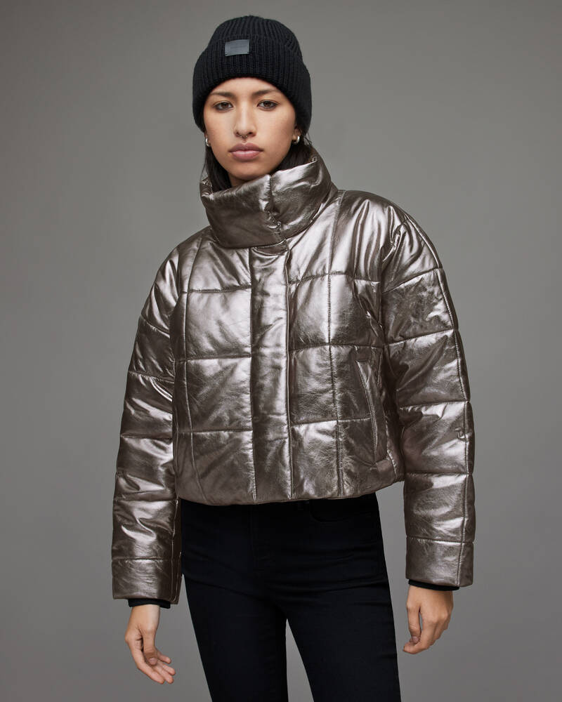 Chaquetas Allsaints Petra Metallic Cuero Puffer Mujer Grises | GM7132098