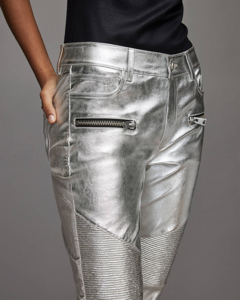 Jeans Allsaints Suri Metallic Cuero Ciclismo Mujer Plateados | NT5679340