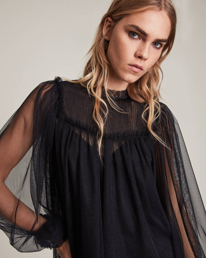 Tops Allsaints Perri Tulle Mujer Metal Negros | KA0127635