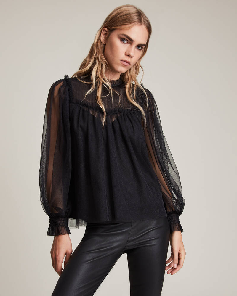 Tops Allsaints Perri Tulle Mujer Metal Negros | KA0127635