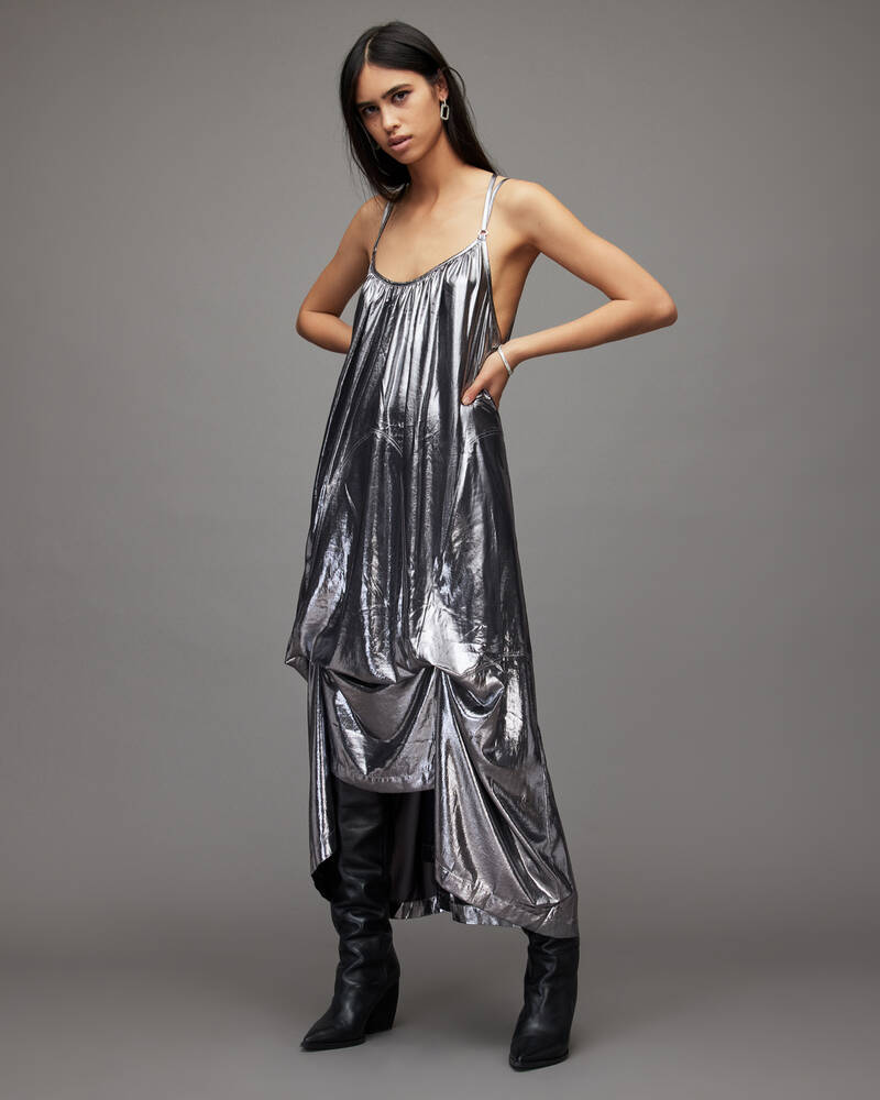 Vestido Allsaints Areena Metallic Maxi Mujer Plateados | FG6951078