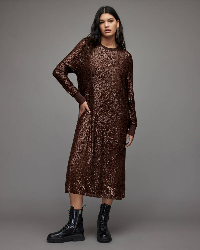 Vestido Allsaints Juela Crew Sequin Midi Mujer Marrom Oscuro | WM7362905