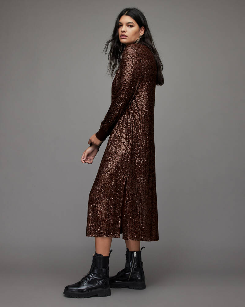 Vestido Allsaints Juela Crew Sequin Midi Mujer Marrom Oscuro | WM7362905