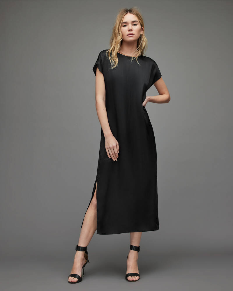 Vestido Allsaints Odette Silk Blend Midi Mujer Negros | DT6910542